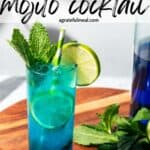 Pinterest images of the cocktail with the words "Blue mojito cocktail" in text overlay.