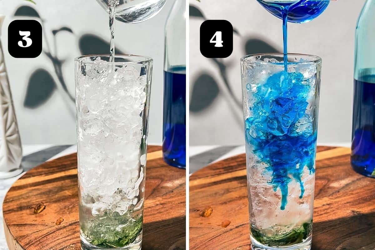 Steps 3 and 4 showing adding the rum and blue curacao to the cocktail glass.