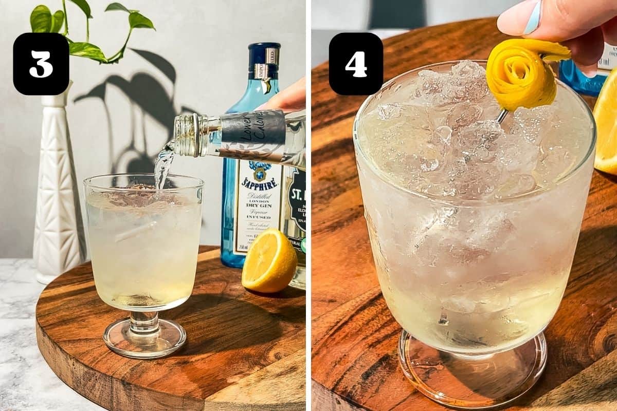 Steps 3 and 4 showing adding tonic water and garnishing with a cocktail pick with lemon peel rolled into a rose.