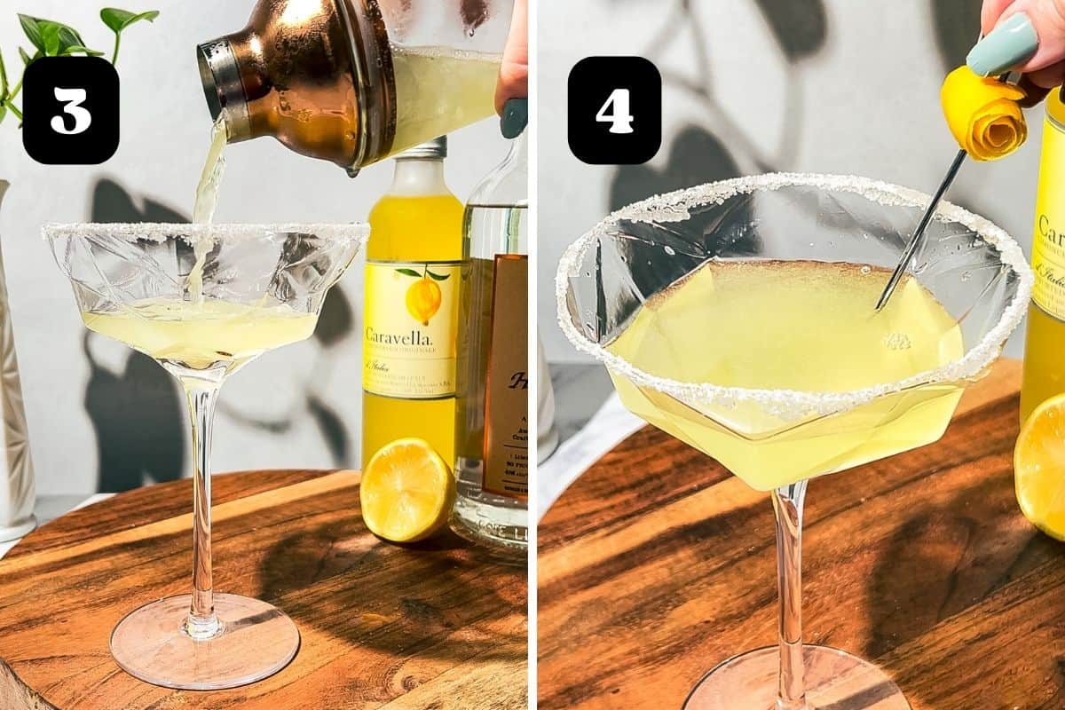 Steps 3 and 4 showing straining into a martini glass and garnishing with a lemon twist.