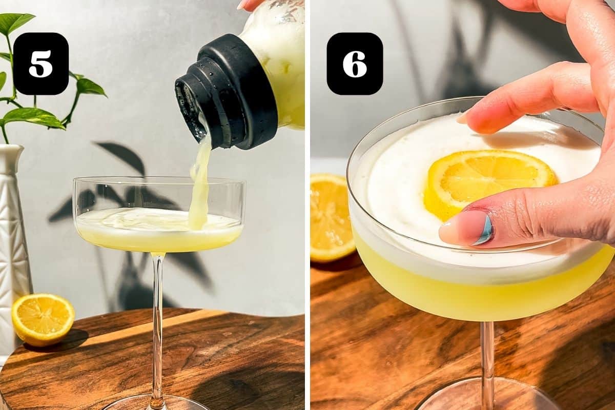 Steps 5 and 6 showing straining into a coupe cocktail glass and then garnishing with a lemon slice.