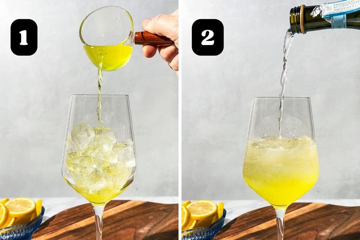 Steps 1 and 2 showing adding the limoncello and prosecco.