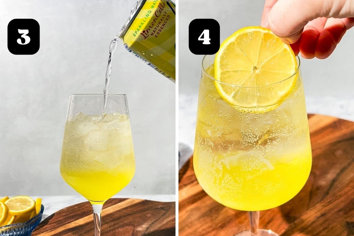 Steps 3 and 4 showing adding the soda water and lemon slice garnish.