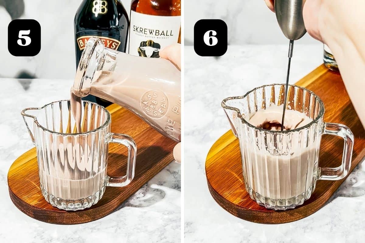 Steps 5 and 6 showing adding the chocolate milk to a small pitcher and then frothing it with a handheld milk frother.