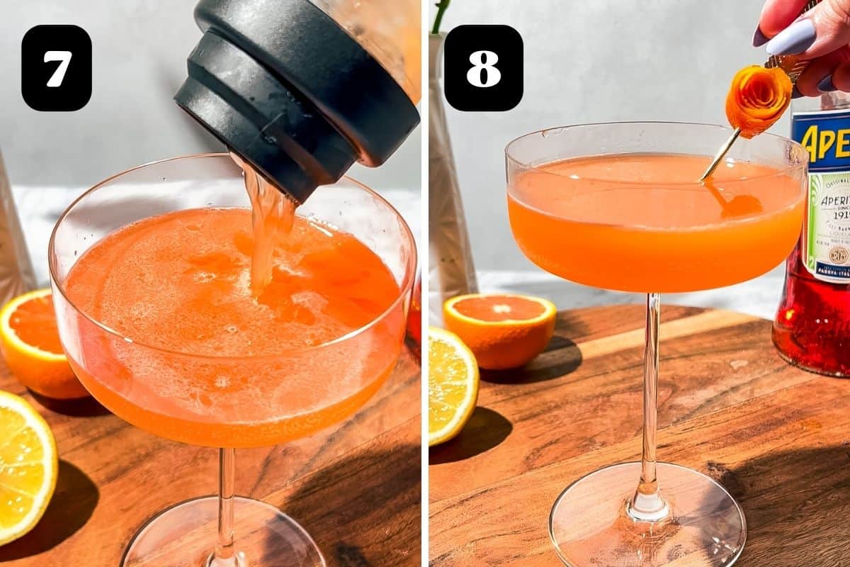 Steps 7 and 8 showing straining the cocktail into a glass and garnishing with a rolled orange peel.