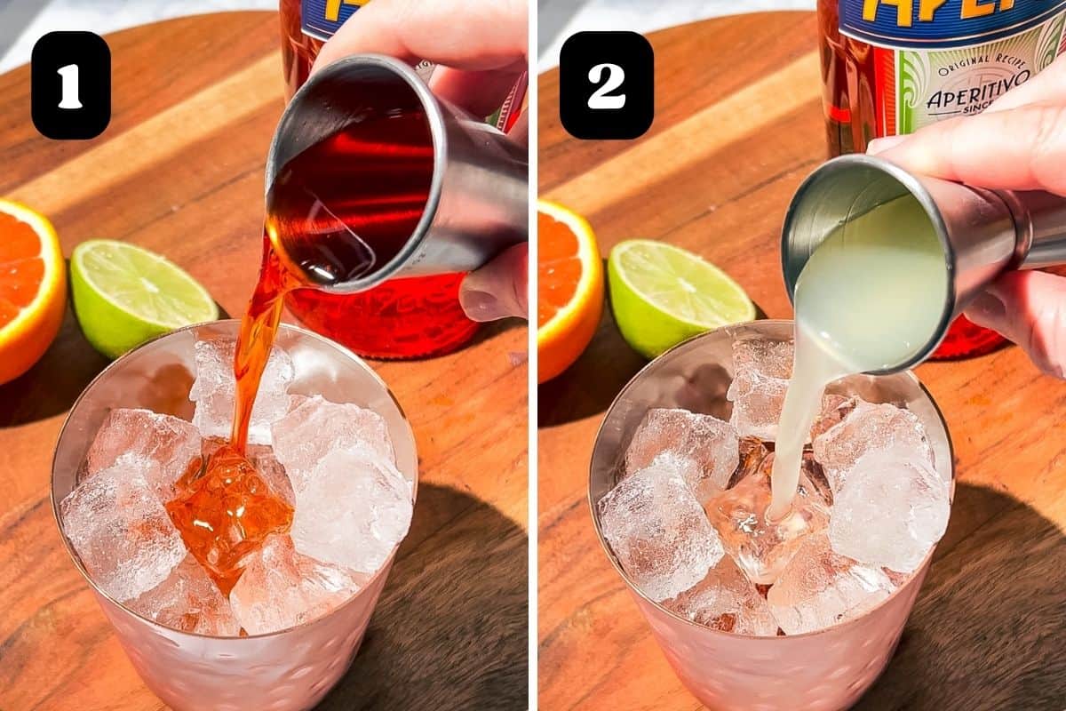 Steps 1 and 2 showing adding Aperol and lime juice to the copper mug.