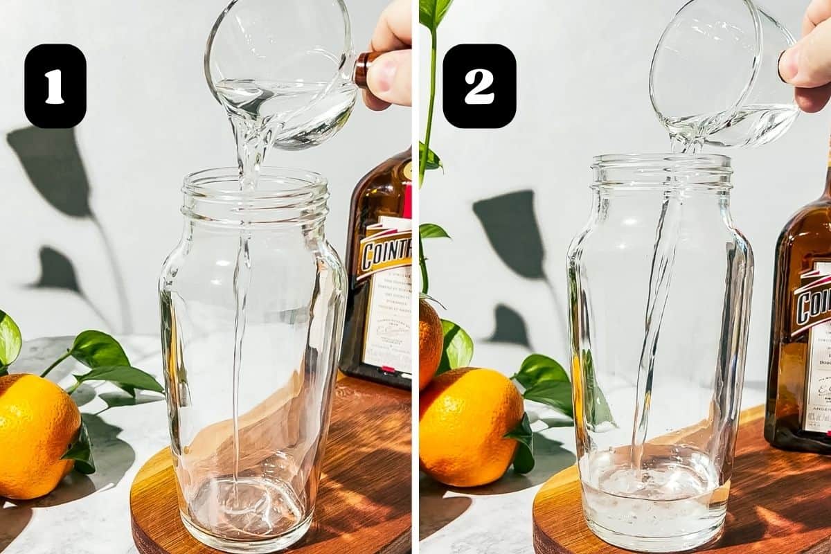 Step 1 and 2 showing adding the whipped cream vodka and Cointreau to an empty cocktail shaker.