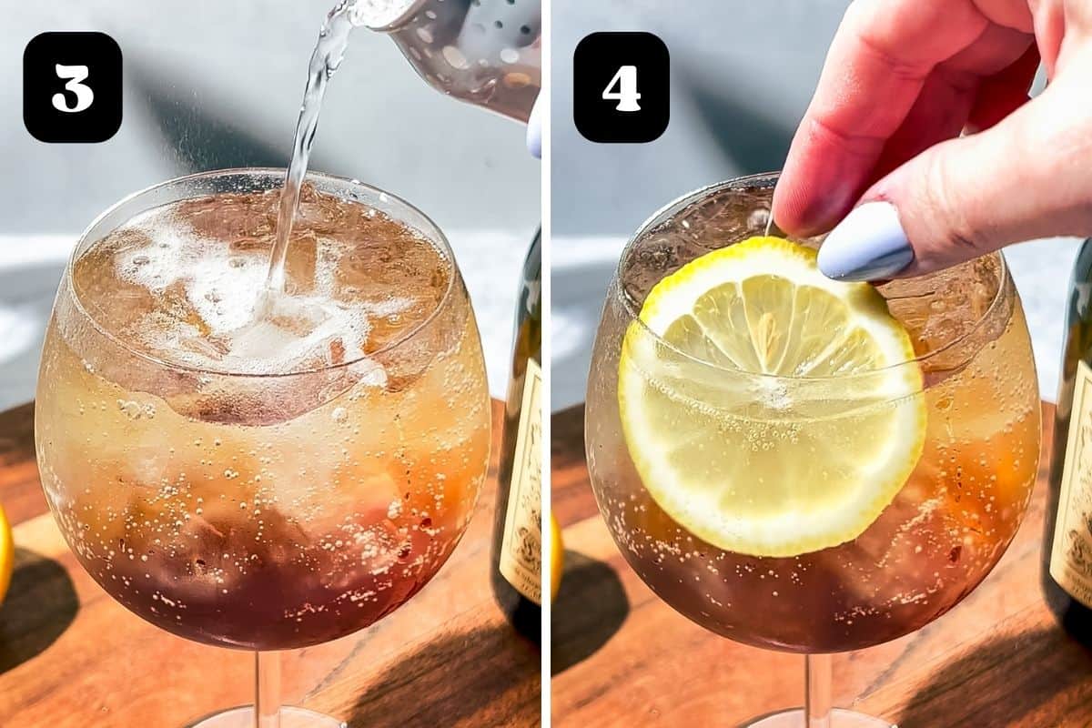 Steps 3 and 4 showing adding the soda water and garnishing with lemon slices.