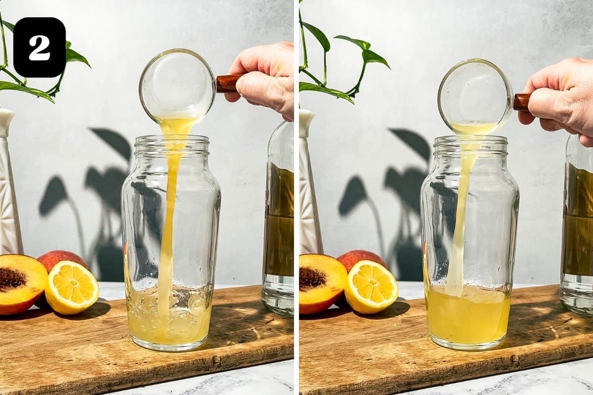 Step 2 showing adding the peach and lemon juice to a cocktail shaker.