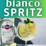 Pinterest image of the cocktail with the words "Martini Bianco Spritz" in text overlay.