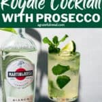 Pinterest image of the cocktail with the words "Martini Royale Cocktail with prosecco" in text overlay.