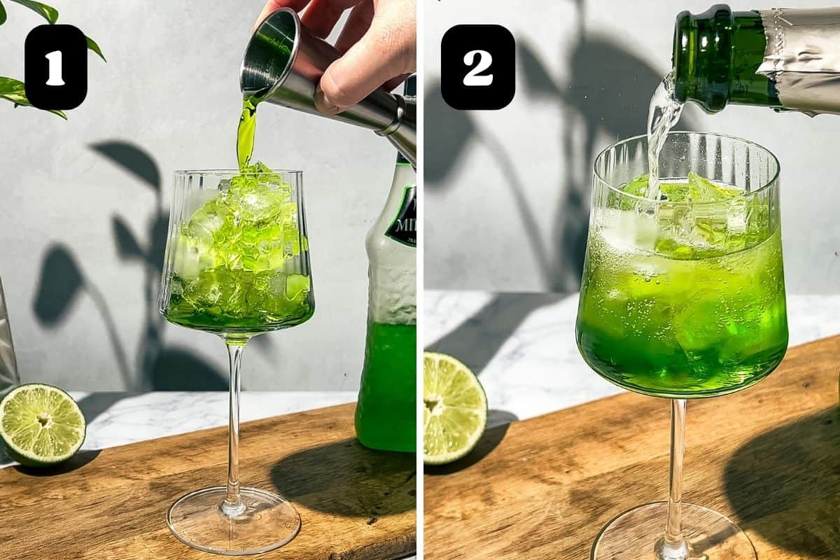 Steps 1 and 2 showing adding the Midori and prosecco to the wine glass.