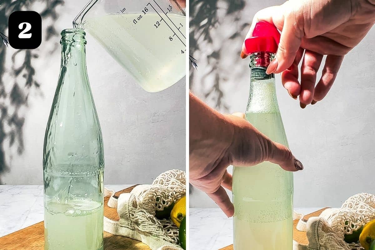Step 2 showing pouring the soda into a glass bottle.
