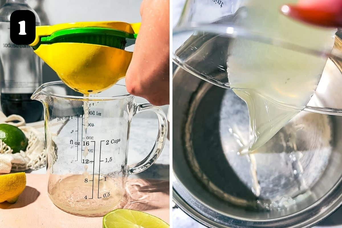 Step 1 showing squeezing the citrus juice and pouring it into a saucepan.