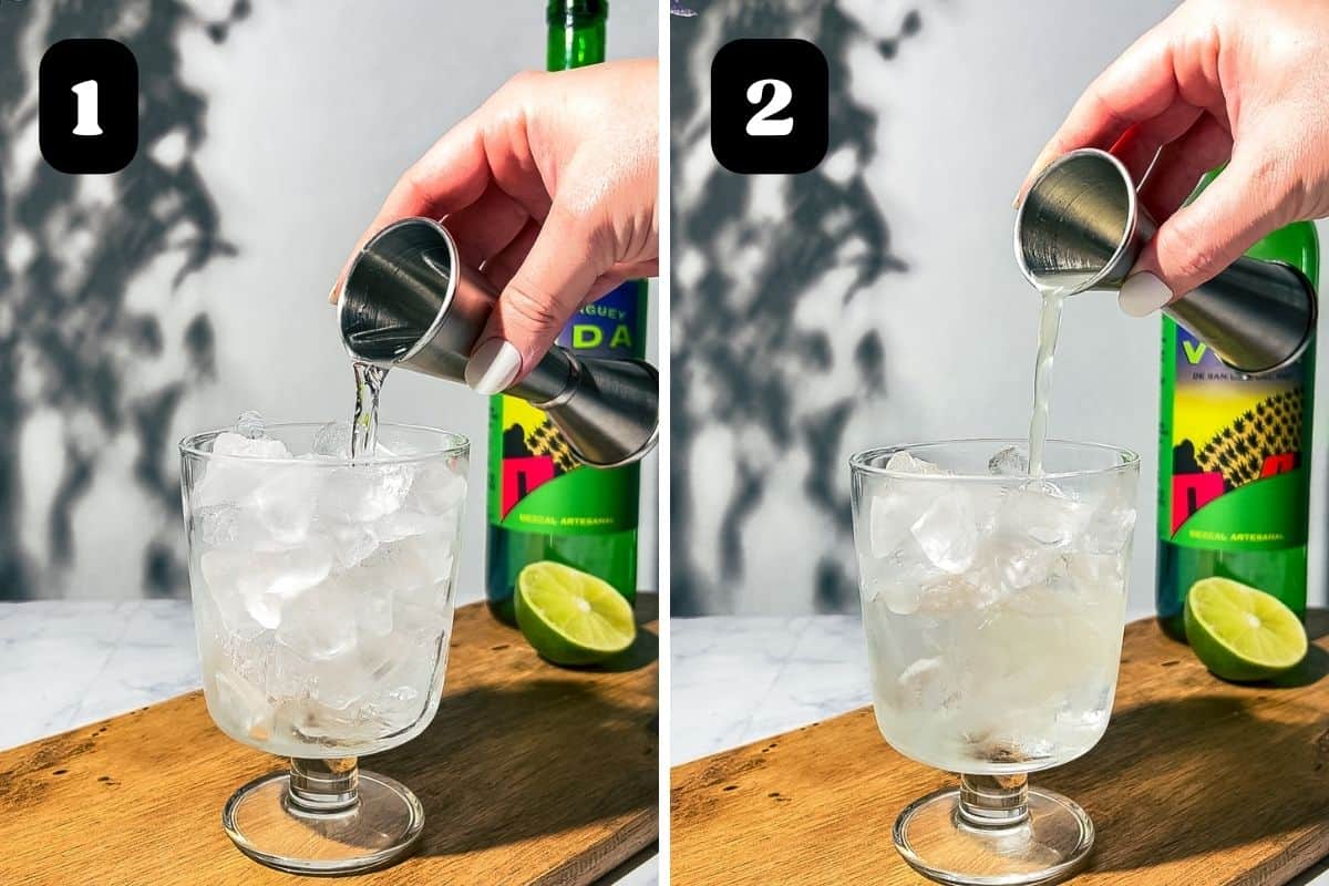 Steps 1 and 2 showing adding the mezcal and lime juice to the cocktail glass filled with ice.
