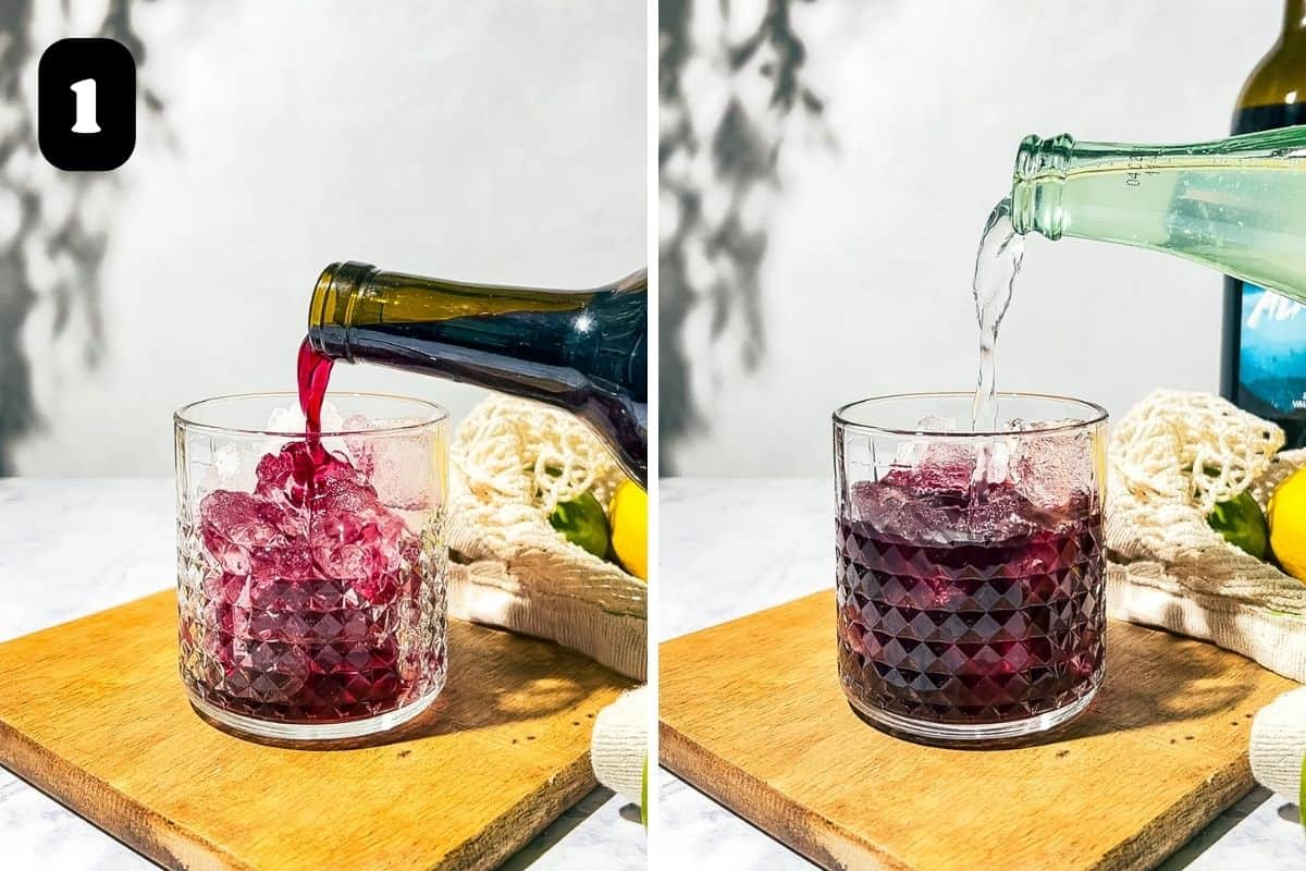 Step 1 showing adding the red wine and lemon lime soda into a cocktail glass filled with ice.