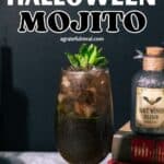 Pinterest image of the cocktail with the words "Glittery Halloween Mojito" in text overlay.