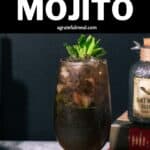 Pinterest image of the cocktail with the words "Black Mojito" in text overlay.