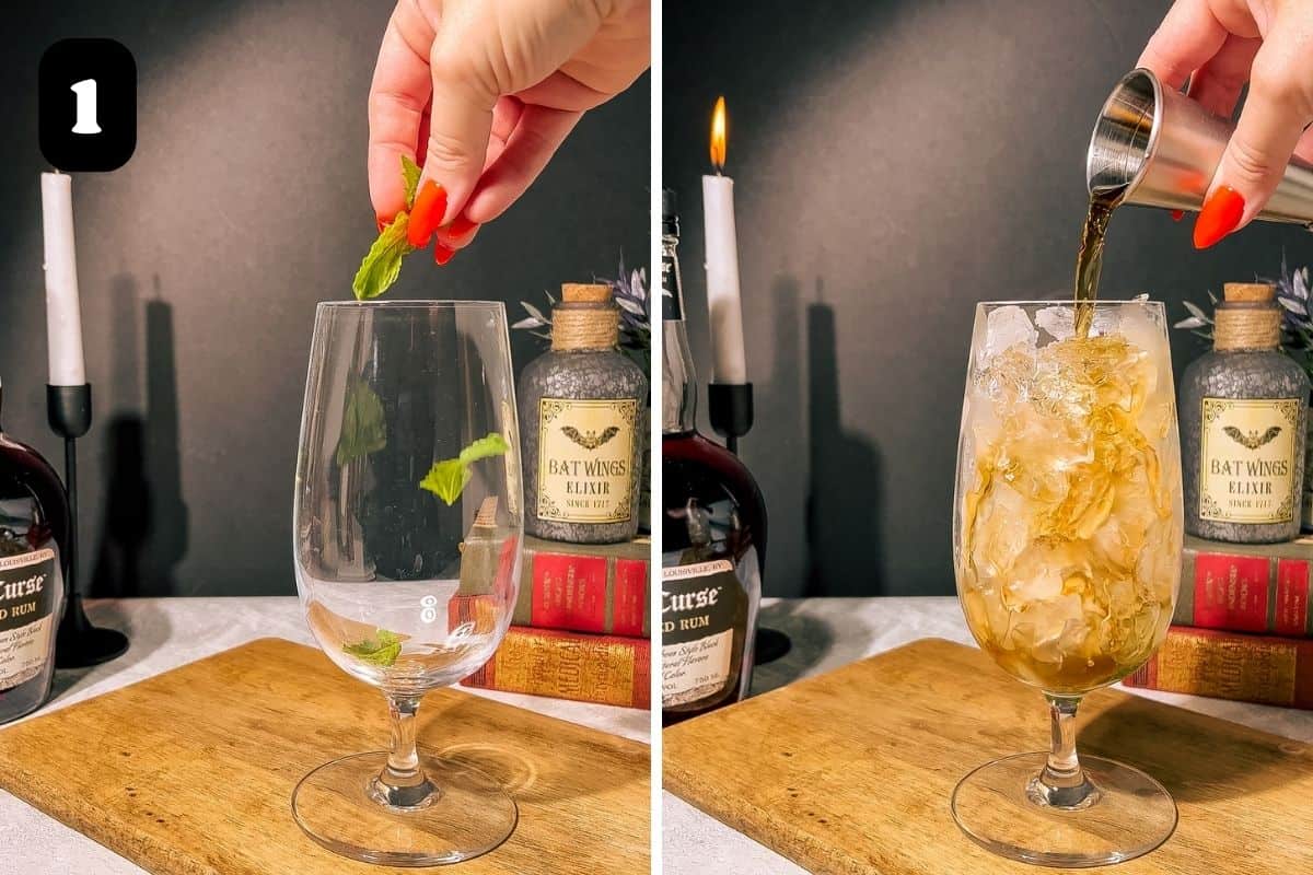 Step 1 showing adding the mint and rum to the cocktail glass.