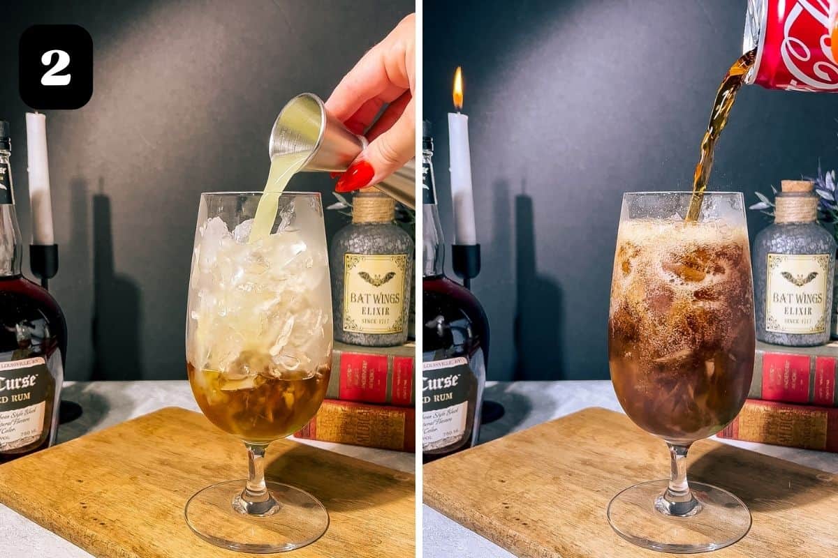 Step 2 showing adding the lime juice and coke to the cocktail glass.