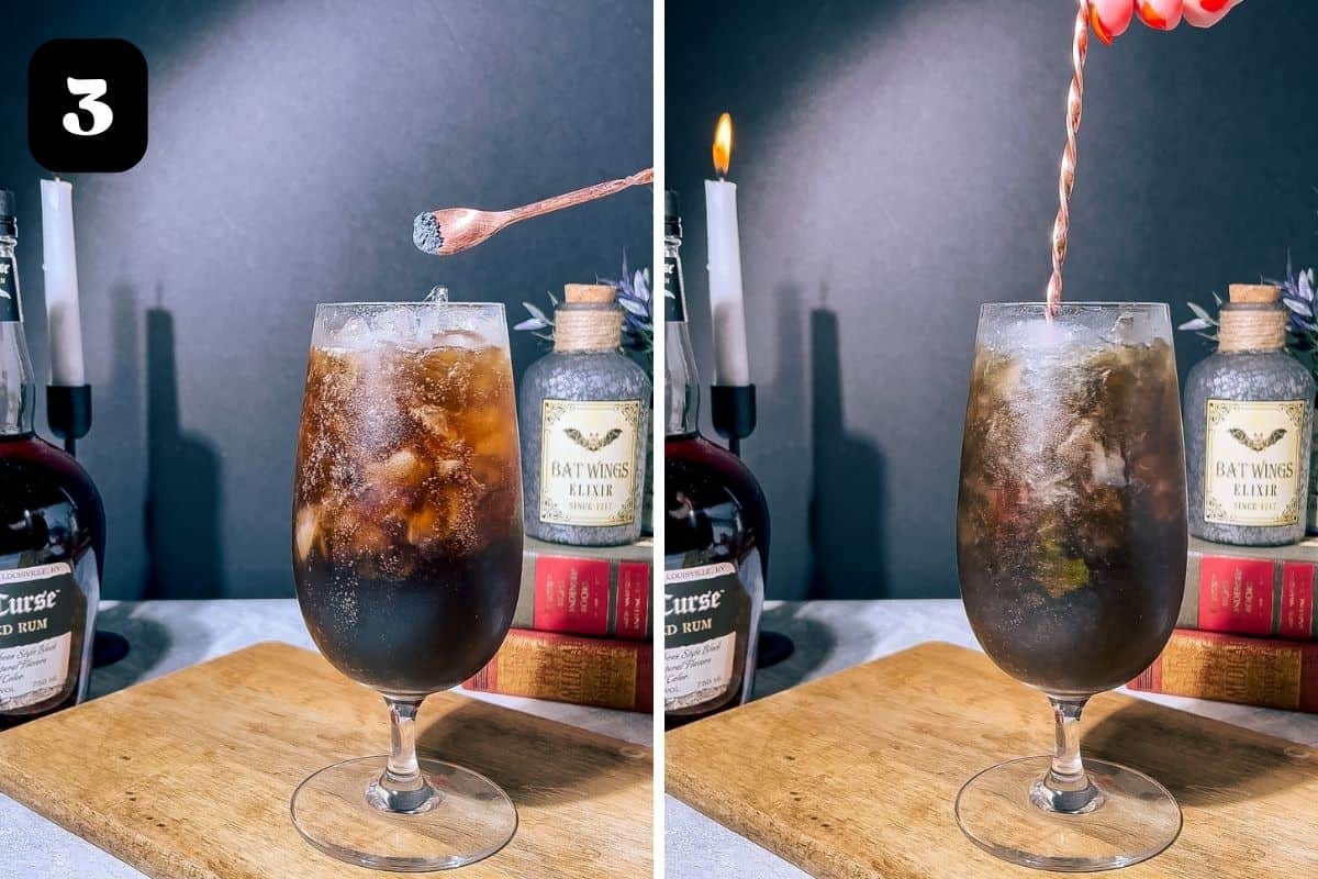 Step 3 showing adding the black edible glitter and stirring the cocktail.