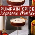 Pinterest images of the drink with the words "Pumpkin Spice Espresso Martini" in text overlay.