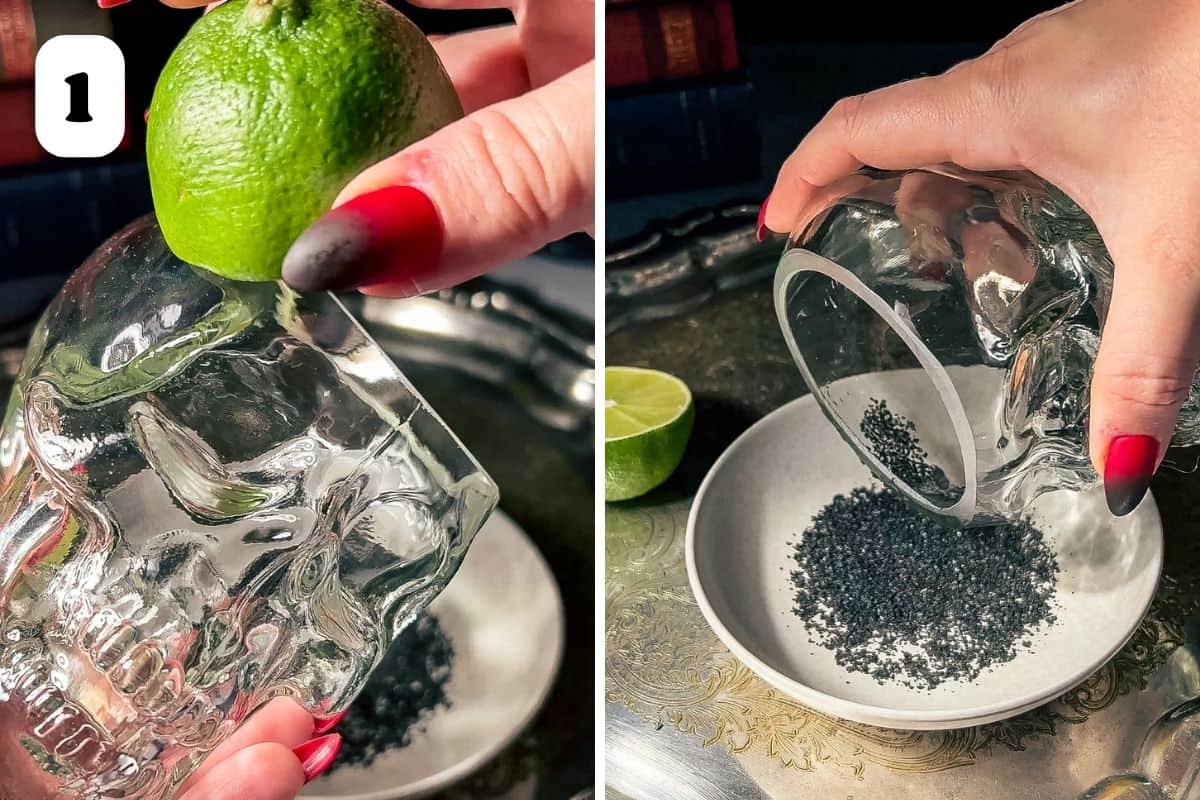 Step 1 showing running a lime wedge around the cocktail glass then rolling it in the black salt.
