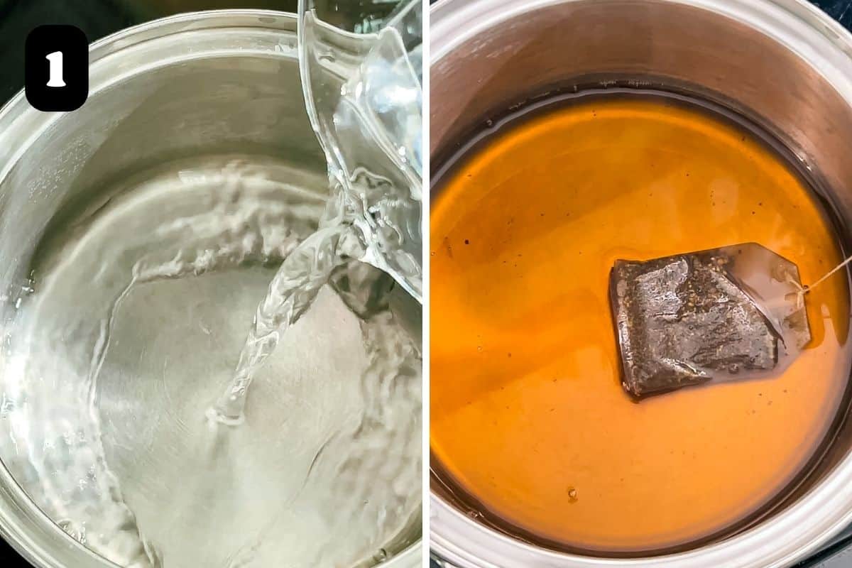 Step 1 showing adding the water and the tea bag to the saucepan.