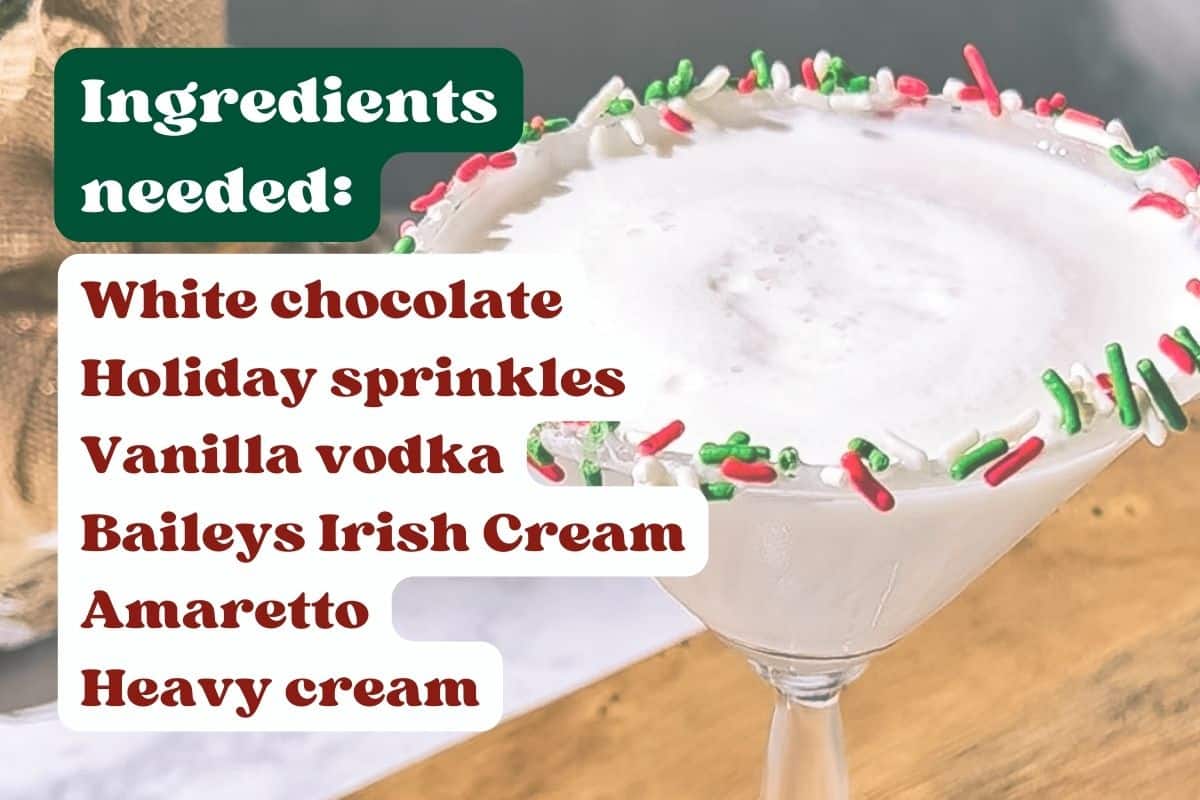 Sugar cookie martini with text overlay of all of the ingredients needed.