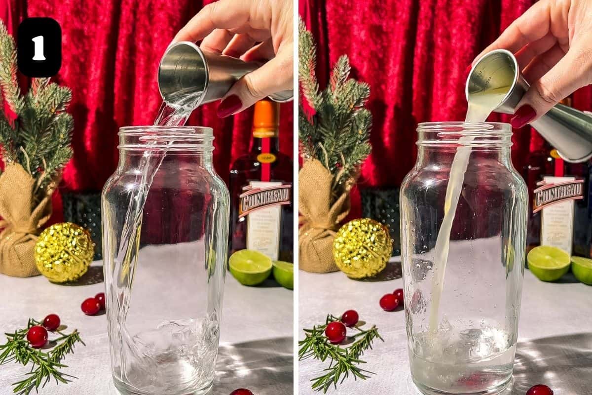 Step 1 showing adding the tequila and lime juice to the cocktail shaker.