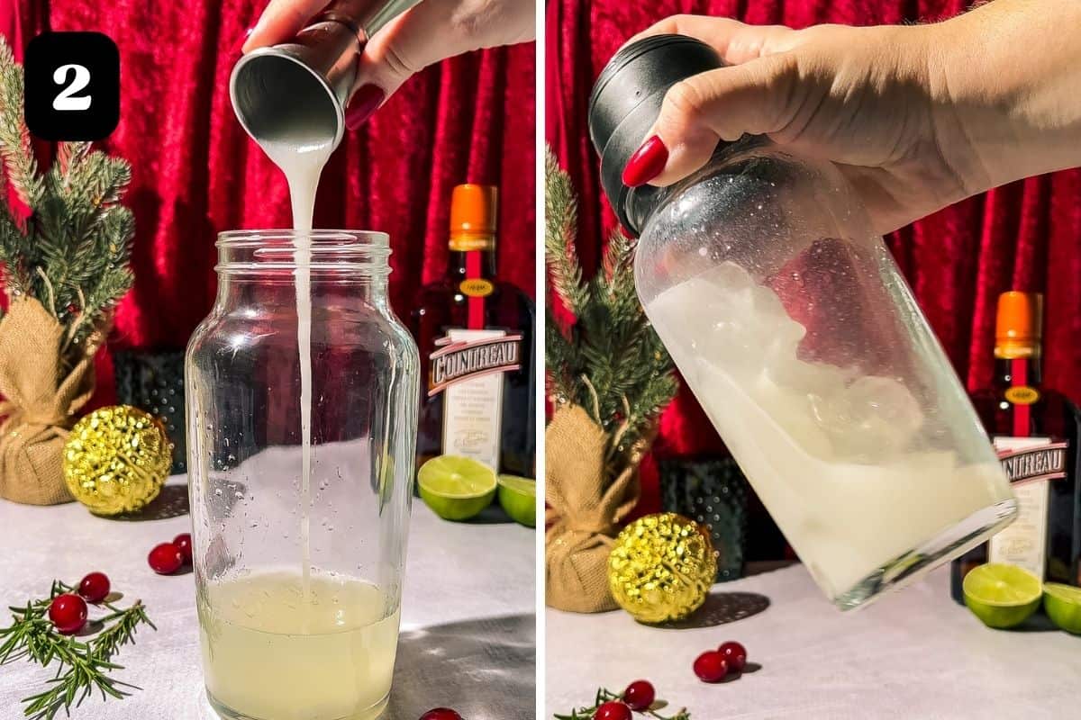 Step 2 showing adding the cream of coconut syrup and shaking the cocktail shaker.