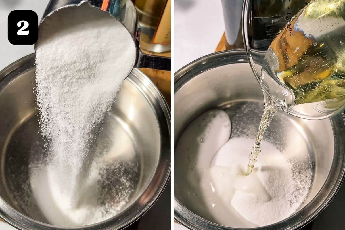 Step 2 showing adding sugar and champagne to the sauce pan.