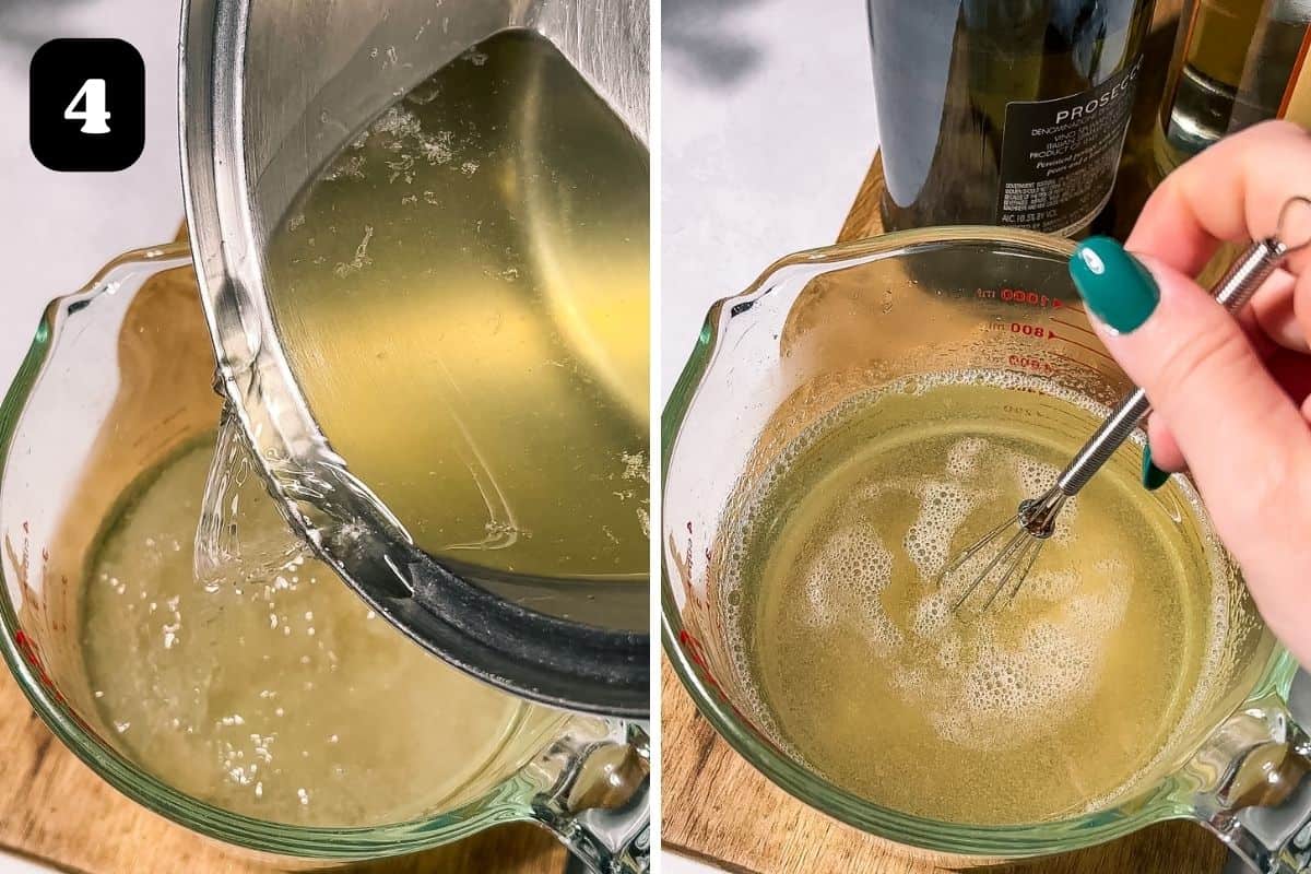 Step 4 showing adding the hot champagne mix to the gelatin mix and whisking in the heatproof bowl.