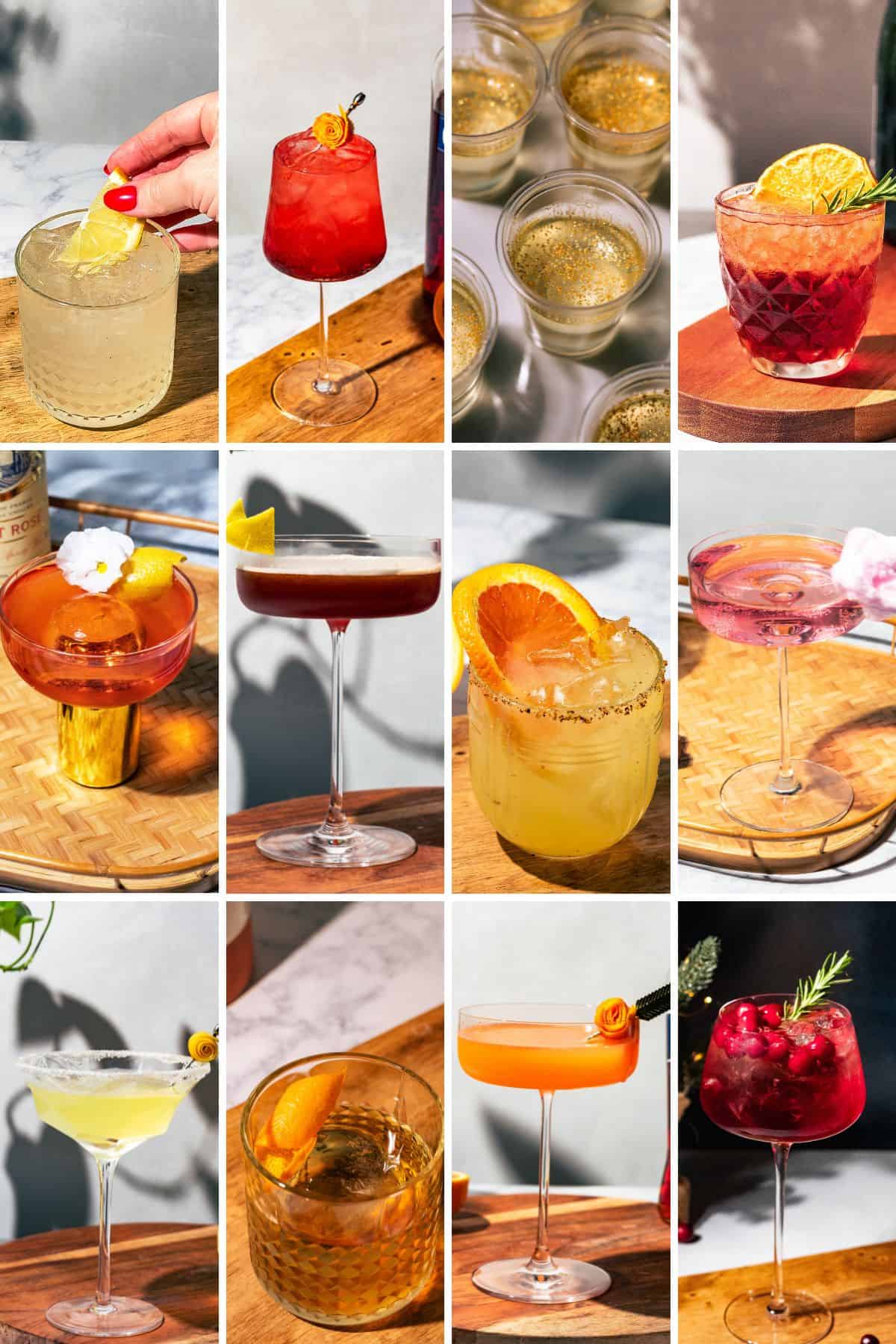 Collage of 12 different New Year's cocktails.