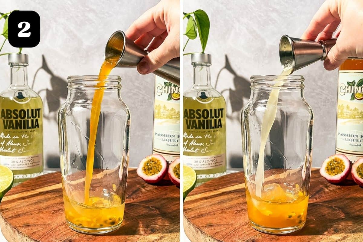 Step 2 showing adding the passion fruit liqueur and lime juice to the cocktail shaker.