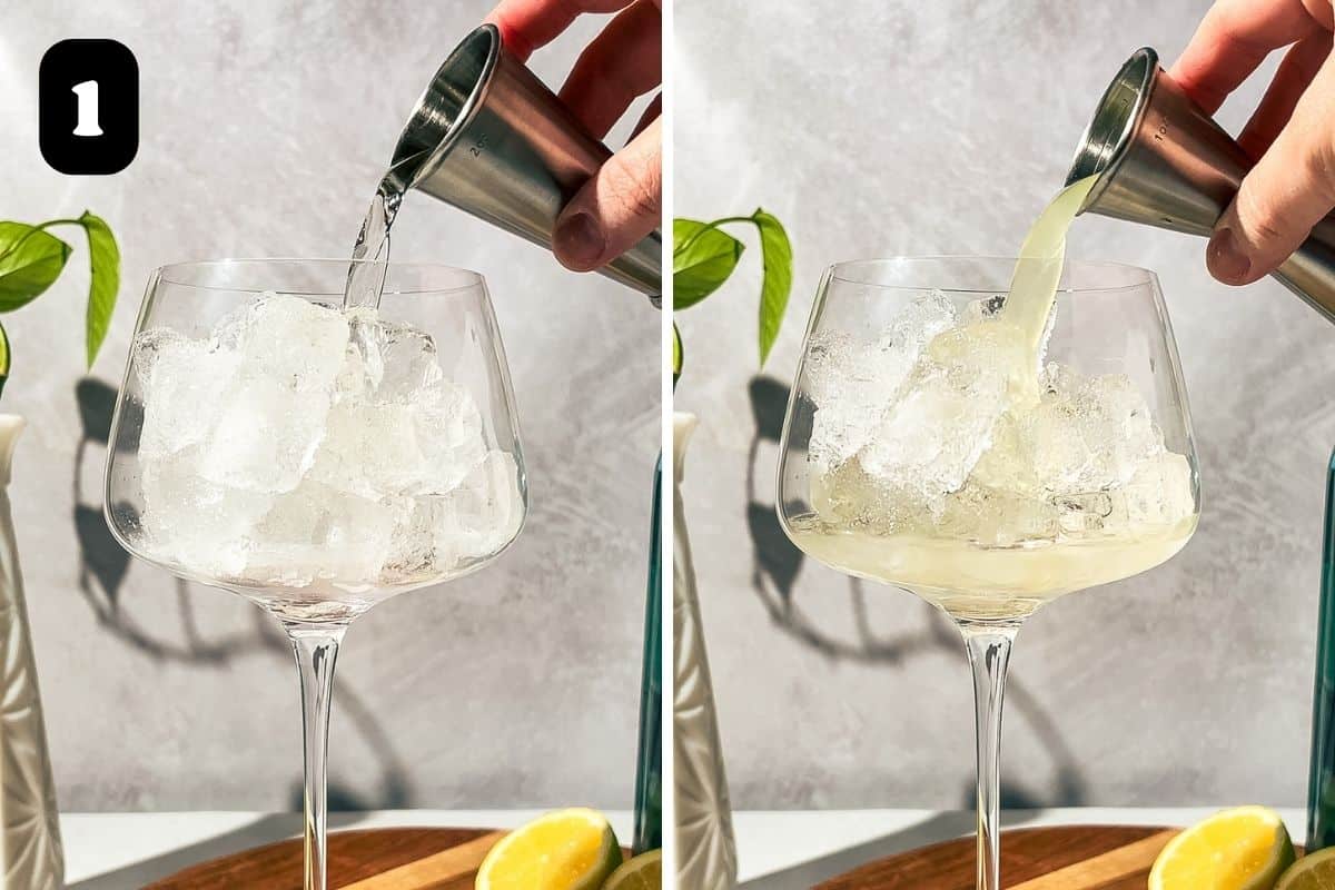 Step 1 showing adding the Italicus and lemon juice to a wine glass filled with ice.