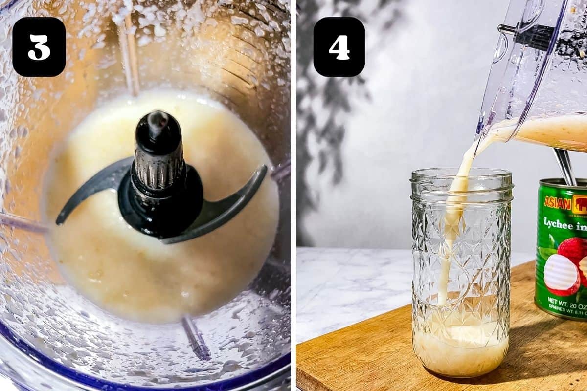 Steps 3 and 4 showing the pureed lychee mixture and then pouring it into a mason jar.
