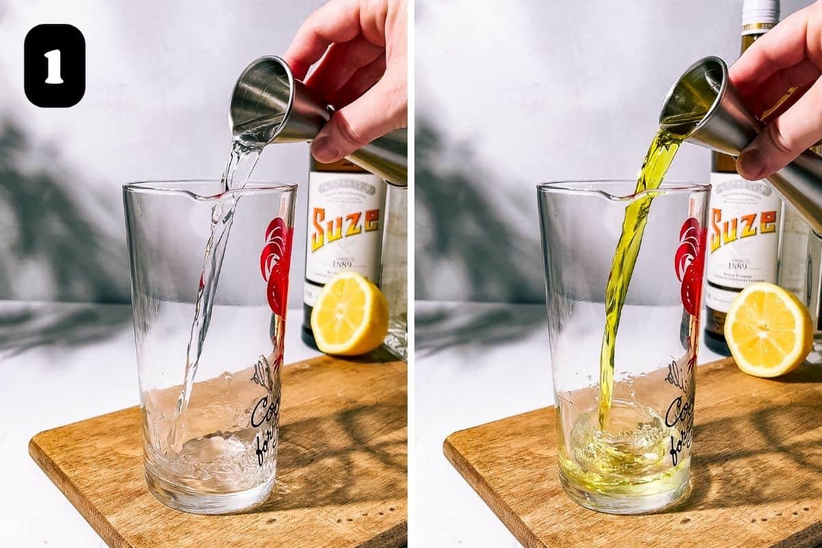 Step 1 showing adding the gin and Salers gentian liqueur to an empty mixing glass.