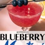 Pinterest image of the cocktail with the words "Blueberry Martini" in text overlay.