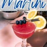 Pinterest image of the cocktail with the words "Blueberry Martini" in text overlay.