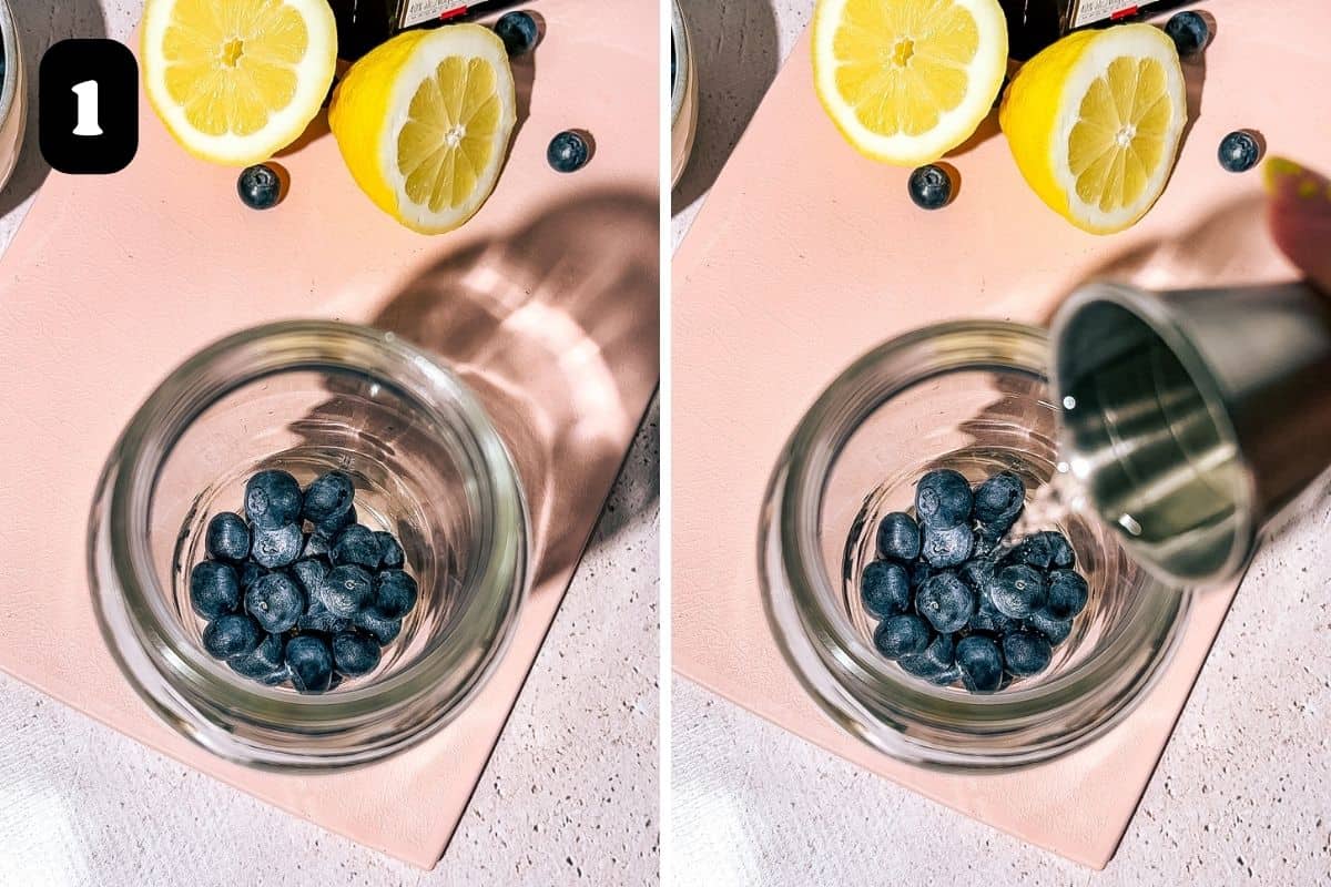 Step 1 showing adding the blueberries and simple syrup to the cocktail shaker.