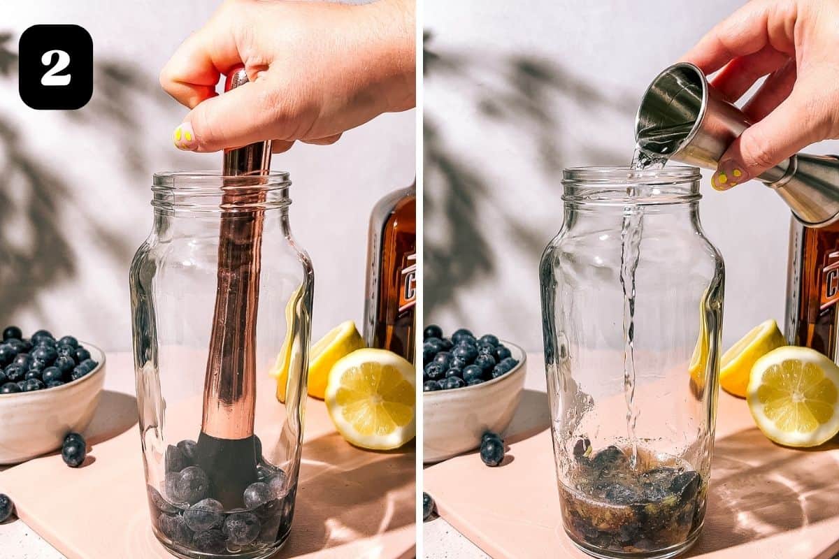 Step 2 showing muddling the blueberries and adding the vodka to the cocktail shaker.