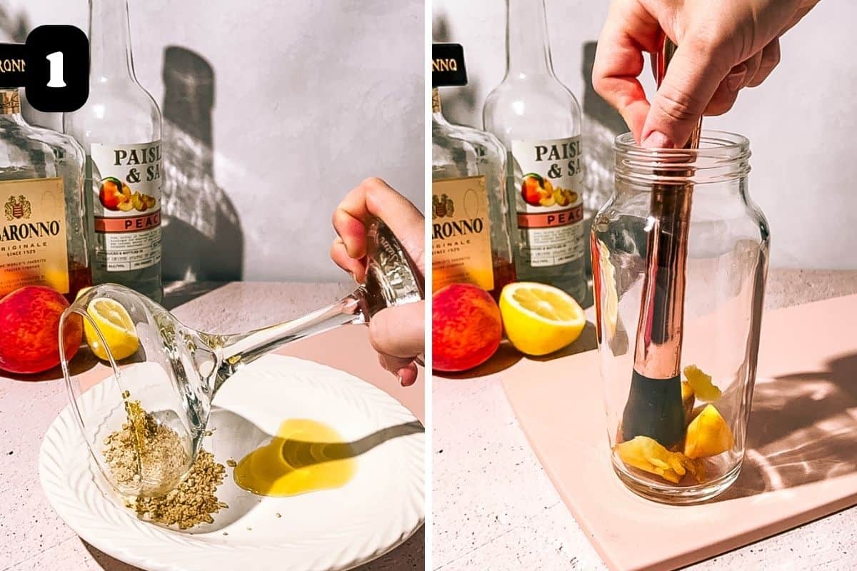 Step 1 showing rimming the glass in maple syrup and muddling the peaches in a cocktail shaker.