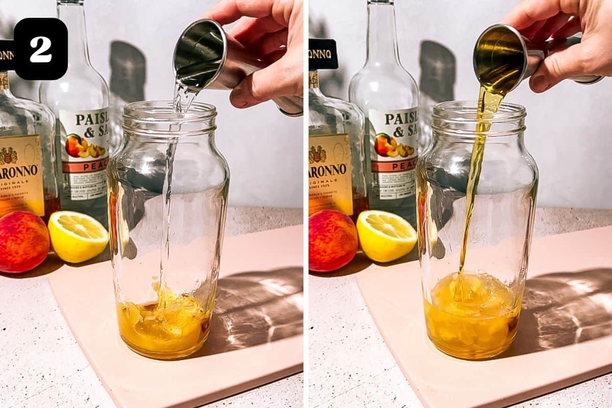 Step 2 showing adding the whipped cream vodka and amaretto to a cocktail shaker.