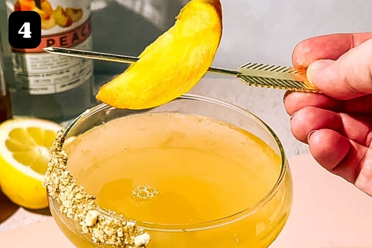 Step 4 showing garnishing with a peach slice on a cocktail pick.