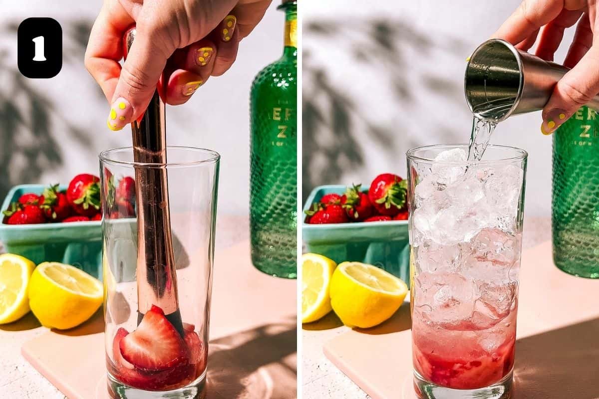 Step 1 showing muddling the strawberries and adding the gin.