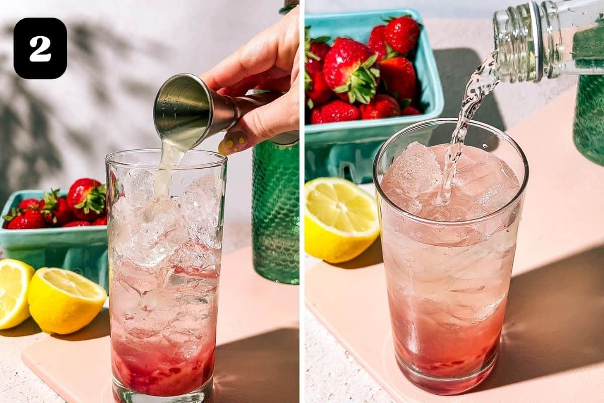 Step 2 showing adding the lemon juice and topping with tonic water.