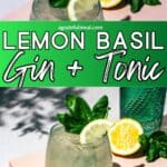 Pinterest image of the cocktail with the words "Lemon Basil Gin + Tonic" in text overlay.