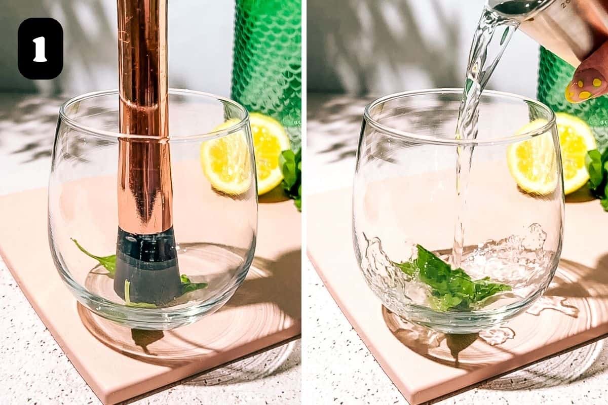 Step 1 showing muddling the basil and adding the gin in a cocktail glass.