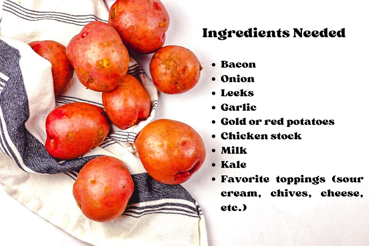 Whole red potatoes on a white countertop with a blue and white kitchen towel with the ingredients listed in text overlay.
